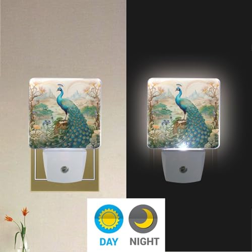 Image of Peacock Garden Night Lights 2 Pack Plug-in Wall Led Nightlight Auto Dusk-to-Dawn Sensor Lamps for Bedroom Kitchen Bathroom