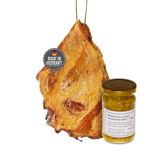 Schäufele-Paket - Set 4 x 1200g Schäufle + Altbadischer Senf - goldgelb geräuchert - herzhaft rauchiges Aroma - Kassler Spezialität aus Baden für Backofen