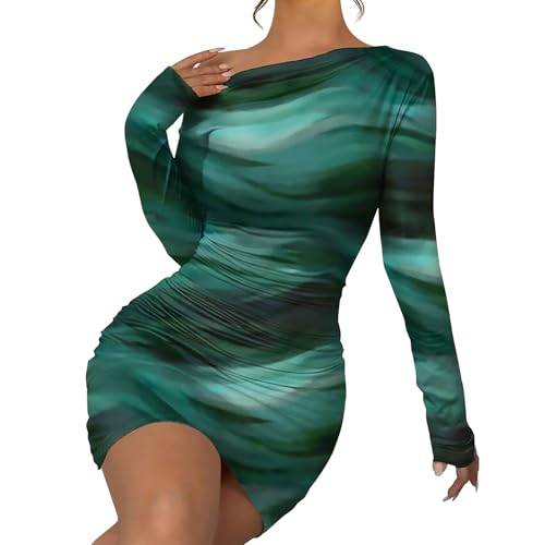 Image of Women's Long Sleeve Bodycon Mini Dress Tie Dye Print Slim Fit Asymmetrical Neck Elegant Formal Ruched Short Dresses