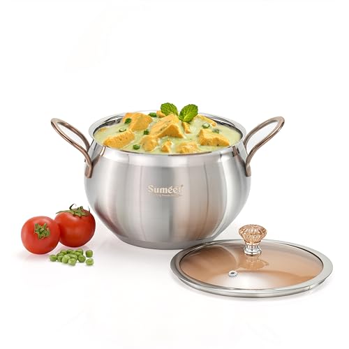 Image of Sumeet ISI Certified Stainless Steel Cook & Serve Biryani Pot /Handi /Sauce Pot with Glass Lid |Induction and Gas Compatible | Capacity - 3500ml -Dia - 19.5cm, Silver