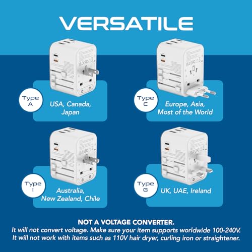Image of Ceptics 6 In 1 Universal Travel Adapter - Type C, USB-A, PD /QC 3.0, USB-C, Black - Worldwide Travel Adapter, Fast Charging, 3.1A Max, 240V, FCC CE RoHS Certified, Surge Protection