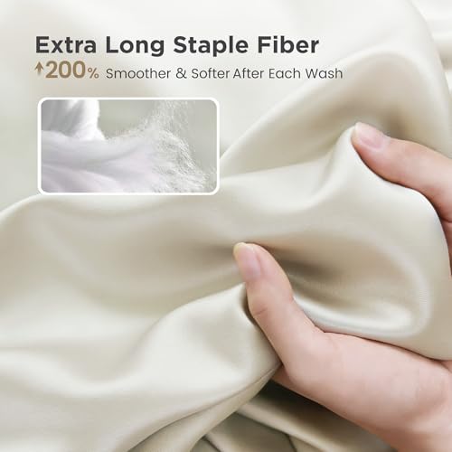 Image of Sophia & William 100% Cotton Sateen Sheet Set Queen Size 4 Piece Set Ivory | 1000 Thread Count Ultra-Soft 4 Piece Bedding, Extra Deep 16 inch Pocket Fitted Sheet Fits Most Mattresses, OEKO-TEX 100 Certified
