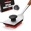 XUDAKAIXIN Nylon Grill Brush,Dual Grip Design,with Extended Luxurious Acaciawood Handle,Safe Nylon Bristles Barbecue Triple Scrubbers Cleaning Brush for Cast Iron Grates/Porcelain/Charcoal Grill