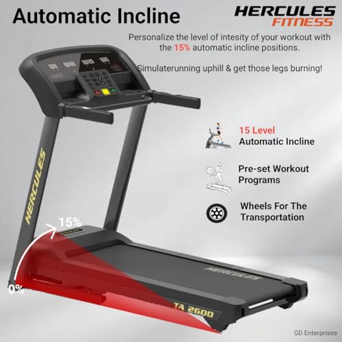 Image of Hercules Fitness TA2600 Treadmill | Max User Weight 130 Kgs | 4.0 HP AC Motor | 15 Level AUTO Incline | Bluetooth MP3 Player Available | Max Speed 18 Km /Hr