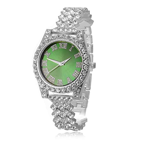 Image of Halukakah Diamonds Gold Watch Iced Out, Kid's 18K Real Gold /Platinum White Gold Plated 36MM Width Green /Blue /Red Dial Quartz Wristband 8 inch with Cuban Link Chain 7 inch+16 inch Bracelet, Free Giftbox