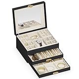 ADEL DREAM 3-stöckige Schmuckkästchen mit Kleeblatt-Knopf Schmuckaufbewahrung mit ausziehbarem Tablett Schmuck Organizer mit großem Spiegel,DIY verstellbare Fächer,für Mütter und Mädchen Schwarz