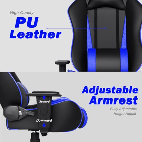 Image of ASE GAMING Gold Series Ergonomic Gaming Chair with Footrest Premium PU Leather, Adjustable Neck & Lumbar Pillow, 180 Degree Recline with Black Metal Base with 3 Years Warranty (Blue)
