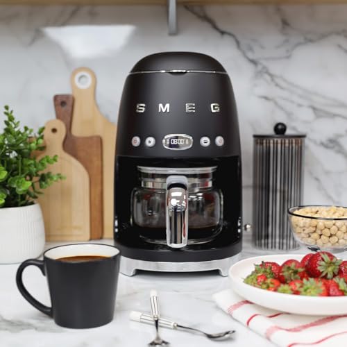 Image of Smeg 50's Retro Style Aesthetic Drip Coffee Machine with 10 Cup Glass Carafe, Auto Start Feature, Keep Warm Plate, and Two Coffee Strength Settings (Matte Black)