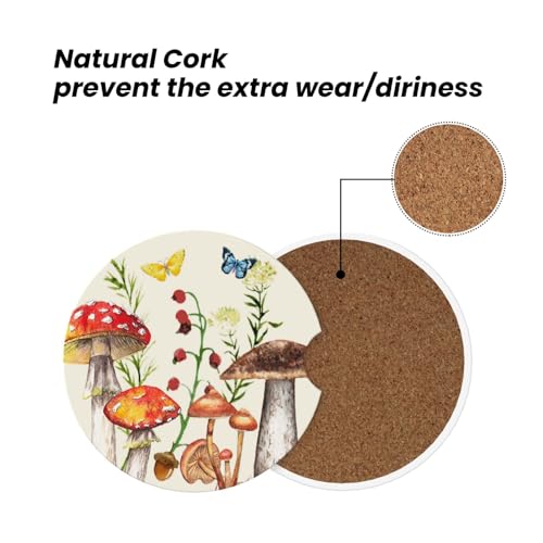 Image of Mushroom Butterfly Car Coasters for Cup Holder Absorbent Ceramic Cup Coaster 2 Pack Anti Slip Car Interior Accessories with Finger Notch Cork Base for Women Men 2.56 inch