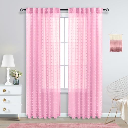 Koufall KF-FGXH-APCL-PINK-52X84 Light Pink Sheer Curtains 2 Panels,Bow Floral Pom Pom Boho Lace Coquette Curtains thumb #1