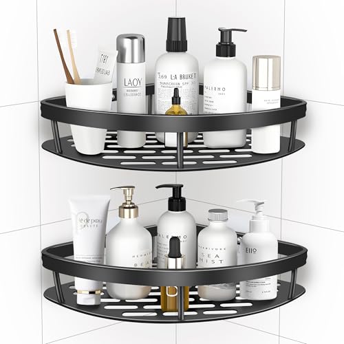Cheerhom Estanteria Ducha sin Taladro, 2 Piezas Esquinero Baño Ducha Adhesivo, Organizador Baño Rinconera Ducha de Aluminio, Cesta Ducha Soporte Negro para Champú y Gel Ducha