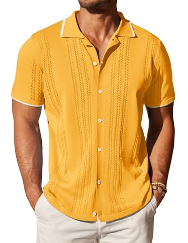 COOFANDY Men's Knit Button Down Shirt Vintage Short Sleeve Polo