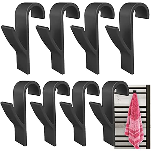 Realure 8 Pcs Towel Radiator Brackets Hooks, Towel Rail Radiator Hooks, Radiator Towel Rail Hanger Hooks, Radiator Hooks for Towels, Round Radiator Hooks, All Standard Radiators, Removable, Black Cover
