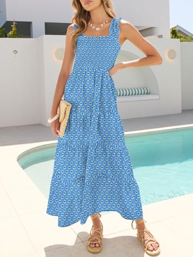 Image of Caracilia Womens Summer Maxi Dresses Floral Smocked Sleeveless Ruffle Boho Casual Flowy Aline Beach Vacation Long Sundress