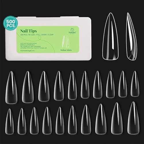 Beetles Gel Nail Tips Clear, Stiletto Medium, 500Pcs 10 Sizes Pre-Shaped
