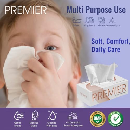 Image of Premier Box Tissue Paper 2 Ply | 800 Pulls, 1600 Sheets | 200 pulls x 4 Packs | Super Absorbent Soft Facial Tissue Box | Suitable for Home, Office, Travelling | Car Tissue Box - White