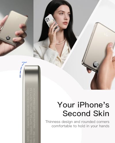 Image of iWALK Magnetic Portable Charger, 5,000mAh Ultra-Slim Power Bank Wireless Charging Battery Pack with LED Power Display, Comfortable Grip Powerbank Compatible with iPhone 17 /16 /15 /14 /13 Series,Starlight