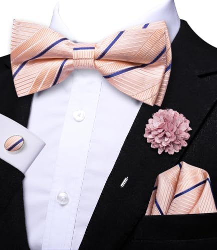 Image of Dubulle Mens Paisley Striped Bowtie Set Pre-tied Bowtie for Men and Pocket Square Set Wedding Business