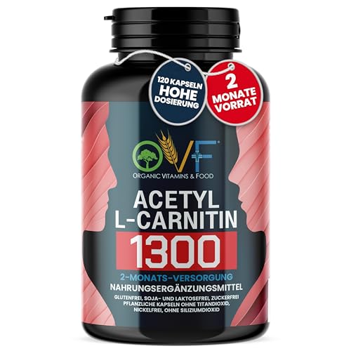 OVF, Acetyl L Carnitin 1300 Mg 120 Kapseln, L Carnitin Kapseln Hochdosiert, Steigert die Energieproduktion und fördert den Fettstoffwechsel, Ohne Siliziumdioxid, Made In Italy, 2 Monate Vorrat