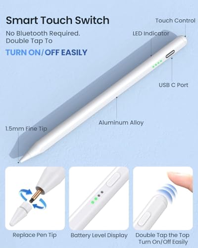 Image of Universal Stylus Pen Magnetic Adsorption for iPad 10th /9th Generation iPads with Palm Rejection, Tilt Tech, Precise Pencil for iPads 2018-2024 Pack of-1 (White)