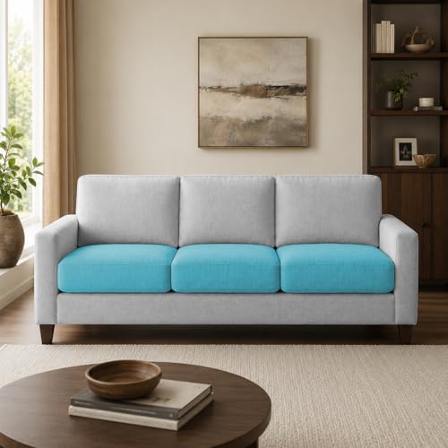 Image of Casaliving Gladino Modern Velvet Fabric Sofa, Tufted Design Upholstered 3 Seater Sofa Set for Living Room, Premium Velvet Fabric Sofa (Turquise Grey)