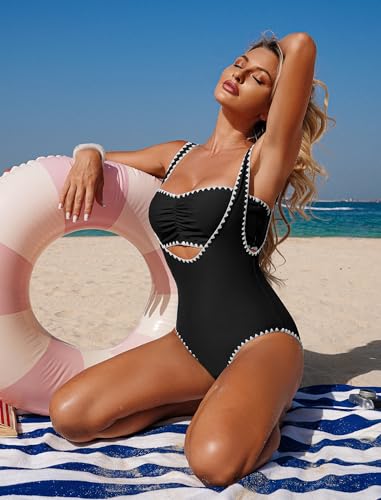 Image of ZAFUL Bikini Sets for Women Color Block Ruched Bandeau Bikini V Neck Tummy Control Swimsuit Romper 2 Piece Bathing Suit