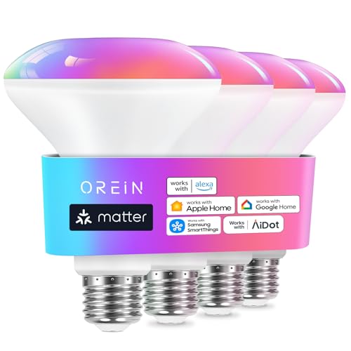 Image of OREiN Matter BR30 Smart Light Bulbs, 60W 650lm RGBTW Color Changing, 4 Pack | LED Light Bulb Compatible with Alexa, Apple Home, Google Home, SmartThings, 2.4Ghz WiFi only Smart Bulbs, E26 Base