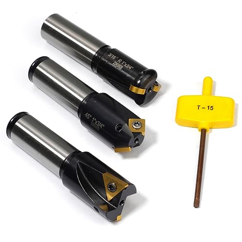 Image of 3 Pcs Little Hogger End Mill Set, 45 Degree, 90 Degree and 3 /16r Mill with 3 /4 inch Shank, 1 inch Head, with 3 Carbide Inserts SNHQ322, RNHQ32, TNGQ322