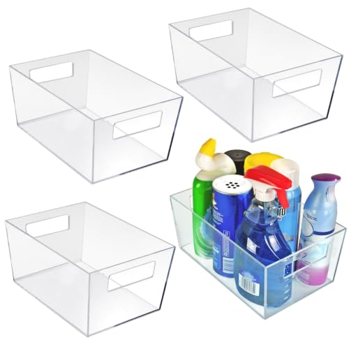 Image of Azar Displays 556237 Large Clear Plastic Organizer Storage Tote Bin with Handle, Pantry Storage, Kitchen and Fridge Organizer, Cabinet and Drawer Container 11.25 inch inchW x 7.5 inch inchD x 5 inch inchH inch, 4-Pack