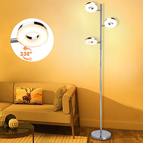 Lampadaire LED chromé 3 x 4 W 3000 K blanc chaud lampe de sol rotative standard avec couvercle de lampe en plastique, lampe de lecture en forme de coffre pour salon, chambre, chevet, bureau
