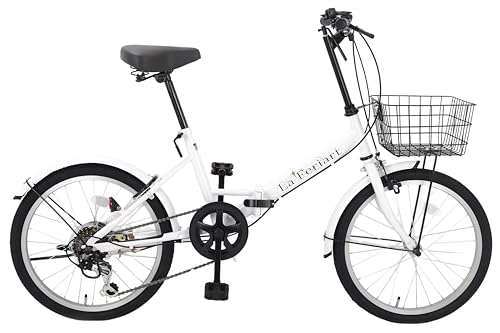 【スピードワールド】自転車 折り畳み自転車 折りたたみ 20インチ 6段変速 20インチ 軽量 スチールフレーム 通勤 通学 大人 カゴ・泥除け・ライト・カギ付き「組立動画あり」 (ホワイト)