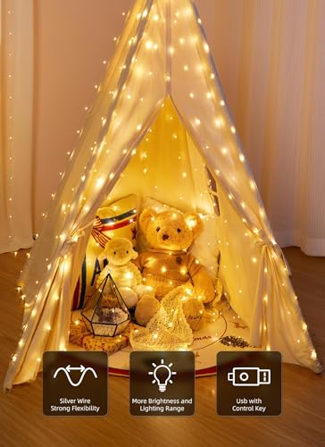 Image of Brightown 2 Pack 300 LED Fairy Curtain Lights, 9.8ft x 9.8ft String Lights | Warm White USB Plug in 8 Lighting Modes Christmas String Hanging Lights with Remote for Bedroom Indoor Outdoor Party