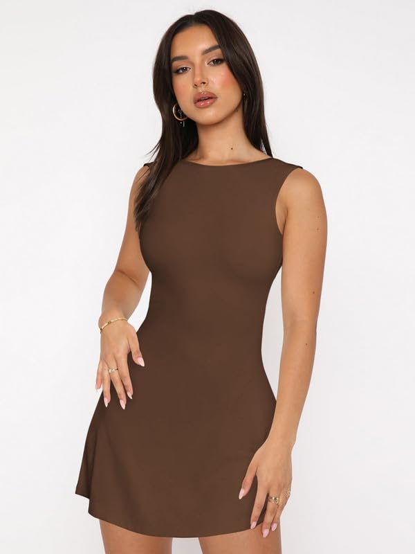 Vestido Mujer Sexy sin Espalda Mini Vestidos Verano sin Mangas Cuello Barco Vestido Ajustado de Fiesta Elegante Bodycon Vestidos Corto para Cóctel Noche Club Casual Streetwear