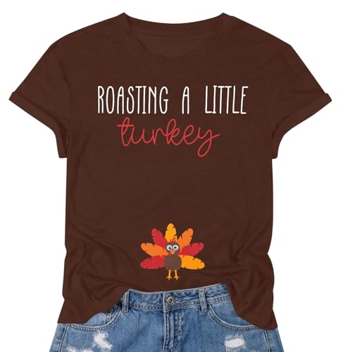 FASHGL Thanksgiving Pregnancy Shirt Women Funny Roasting a Little Turkey T-Shirt Cute Pregnancy Announcement Tee Tops