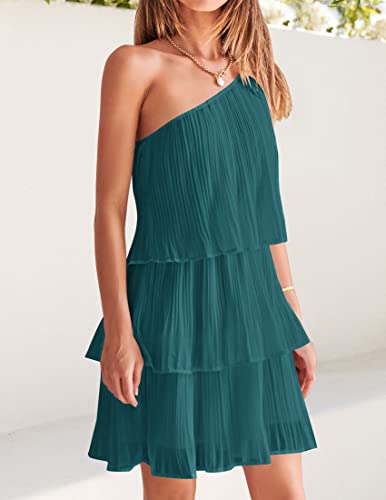 Zesica Women's 2023 Boho Summer One Shoulder Sleeveless Ruffle Tiered Layered Chiffon Pleated A Line Flowy Mini Dress,Teal,Medium #TOP2