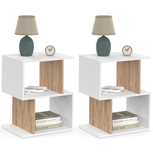 IDMarket - Lot de 2 Tables de Chevet Sofia Forme S avec rangements Ouverts Blanc et Effet hêtre