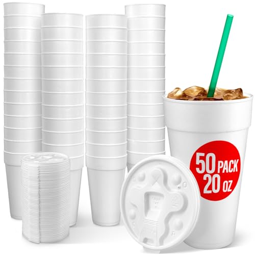 20 Oz Styrofoam Cups with Lids (50 Pack) Large Foam Cups for Hot and Cold Drinks Insulated White Styrofoam Coffee Cups Soda Juice Tea - Made in USA