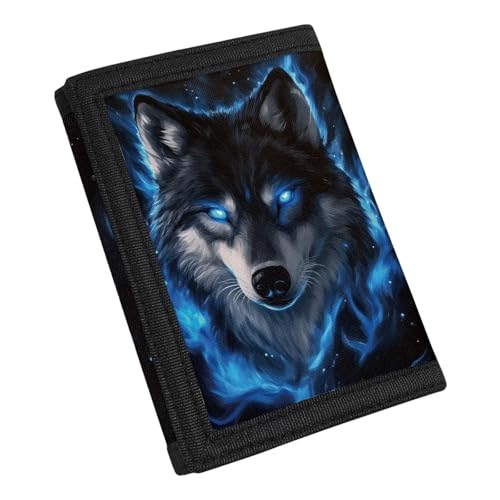 Coldinair Wolf Blue Fire Flame Kids Wallet Nylon Trifold Wallets Coin Bag for Boys,RFID Trifold Canvas Purse Handbag Outdoor Sports Wallet for Travel