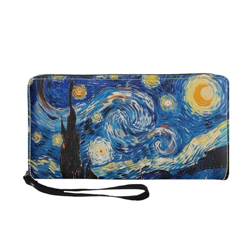 COEQINE Women'S Designer Wallets with Chain Art Blue Starry Night Leather Elegant Long Slim Card Holder Case Minimalist Coin Purse Thin Cellphone Handbag with Handles