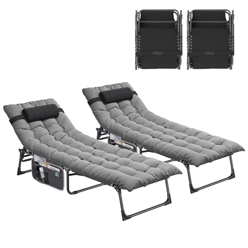 YITAHOME 2X Tumbona Plegable Playa con Cojín 190x68x31cm Tumbonas Jardin Exterior 4 Posiciones Ajustables Tumbonas Piscina con Bolsillo Lateral Carga de 300lbs para Jardín, Camping, Gris