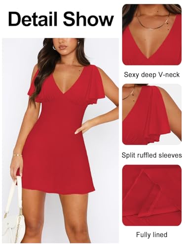 Image of MIYIEONZ Women's Sexy Deep V-Neck Ruffle Sleeve Mini Dresses Summer Casual Bodycon Beach Cocktail Party Club Short Dress