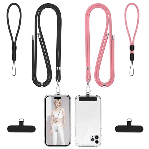 Image of takyu 2 Pack Adjustable Cell Phone Lanyard & 2 Pack Phone Wrist Strap with Tether Tabs Compatible for iPhone Android Smartphones - Black Pink