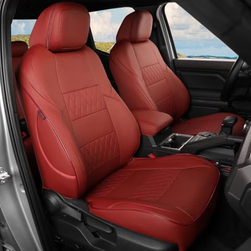 Image of EKR Tacoma Car Seat Covers Custom Fit for Toyota Tacoma (Petrol) 2024 2025 2026 DoubleCab /CrewCab SR /SR5 /TRD Sport /TRD Off-Road /Limited -Truck Seat Covers Full Set,Faux Leather(Burgundy)