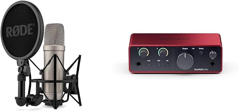 Micrófono de condensador NT1 de quinta generación con montaje de choque SM6 y filtro pop,plata y Focusrite Scarlett Solo Interfaz de audio USB de cuarta generación