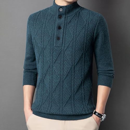 Suéter de punto trenzado para hombre con cuello alto y medio botón estilo casual 2