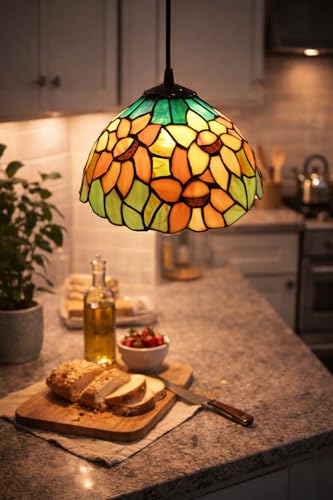 Image of Stained Glass Hanging Pendant Lamp, Yellow Orange Floral, Decorative Ceiling Light for Home & Cafe (Free Bulb) (Design - 10) Free Bulb- 3 Color Options- Warm White, Cool White and Natural