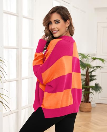 ZAFUL Womens 2025 Trendy Sweater Checkered Oversized Pullover Sweaters Side Slit Cozy Fall Winter Jumper Tops3