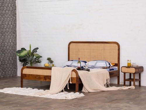 Image of Rattan King Size Bed for Bedroom | Wooden Cane King Size Cot | Sheesham Wood, Choco Brown Finish | Size: 72 x 78 in | Double Bed Palang for Living Room Home Furniture | Assembly- DIY