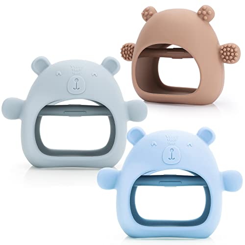 Image of Baby Teether Toy for Infants 3+ Months， Bear BPA Free Anti-Drop Silicone Mitten Teething Toy for Soothing Pain Relief, Silicone Mitten Teether for Sucking Needs (Blue，Brown，Green)