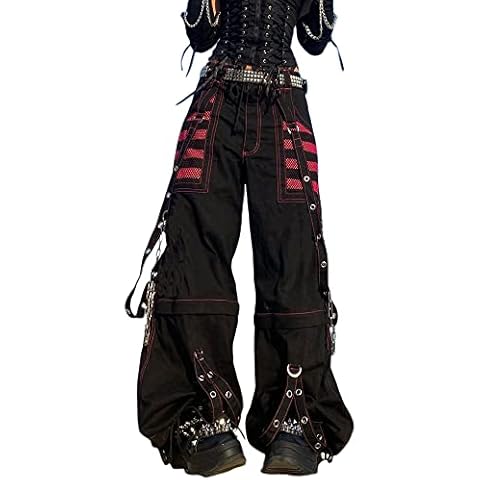 Winkinlin Women Gothic Punk Cargo Pants E Girl Y2K Low Waist Wide Leg Baggy Boyfriend Casual Trouser Streetwear (Black with Pink, Large) Cover
